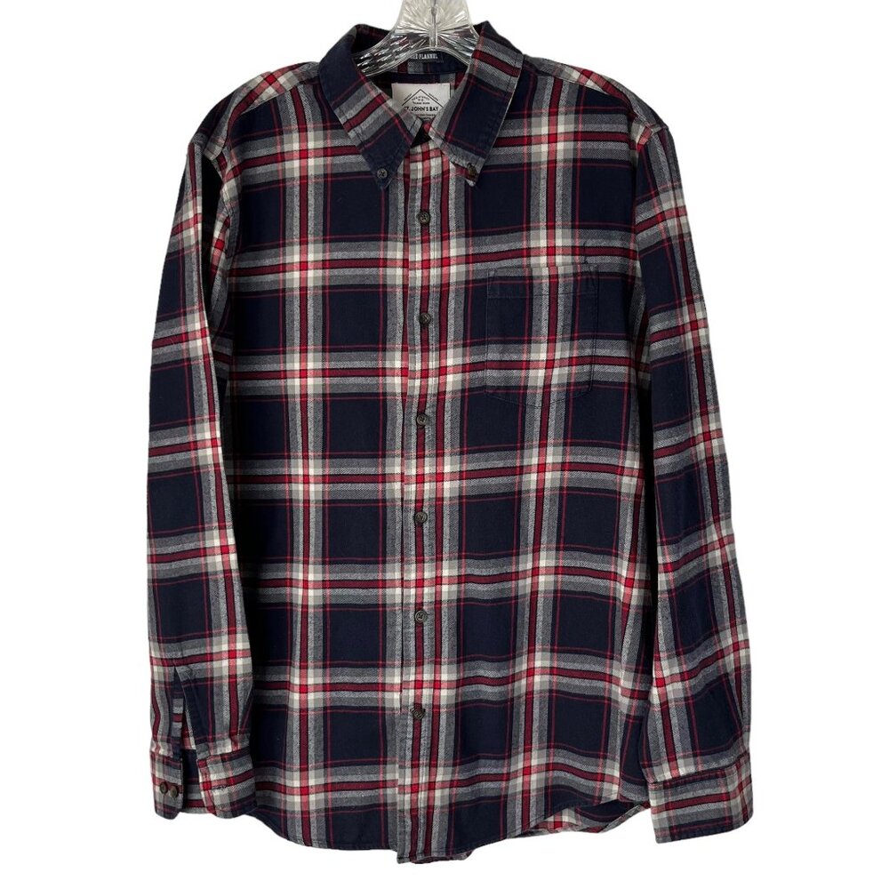 St Johns Bay Brushed‎ Flannel Shirt Mens Medium Blue Red Plaid Button Down